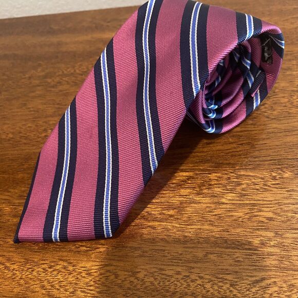 Jos. A. Bank 100% Silk Repp Tie Pink Navy White Striped Power Tie - Picture 1 of 10